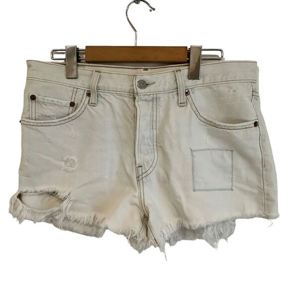 Levis 501 Bleached White Distressed Patched Jean Shorts - Picture 1 of 9